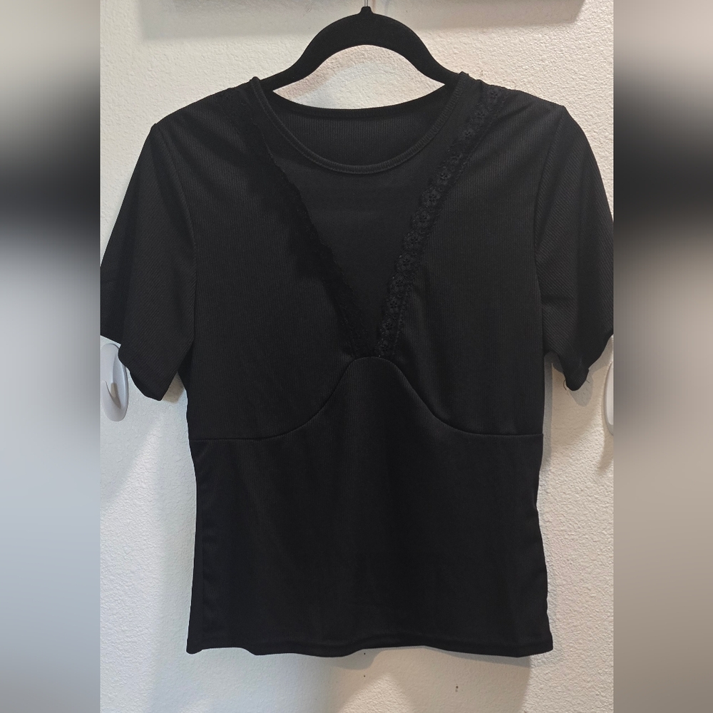 SHEIN Black Short Sleeve Top with Lace Detail